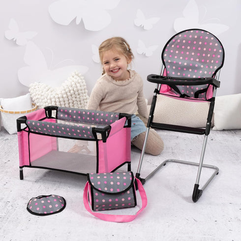 Set, Bayer Doll High Chair/Crib Grey, Pink with Dots
