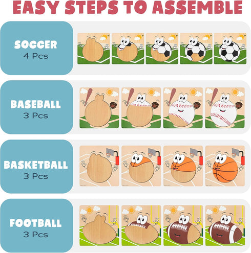 Wooden Puzzles for Toddlers 2-4, Sports Puzzles, Wood Toys for Kids, Basketball, Football, Baseball, Soccer Puzzle