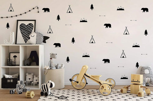 Woodland Wall Decal, Bears, Arrows, Teepees, Trees, and Mountains Decor, Matte Vinyl Stickers for Nursery