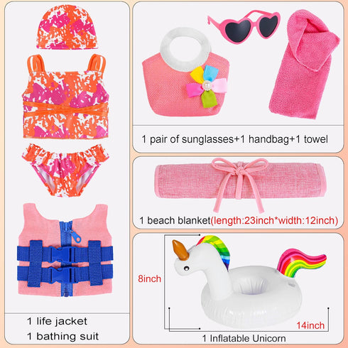 18 inch BeachSet Summer 18" ebuddy Doll Clothes and Accessories - Swimsuit and Pool & Beach Outfit with Life Vest