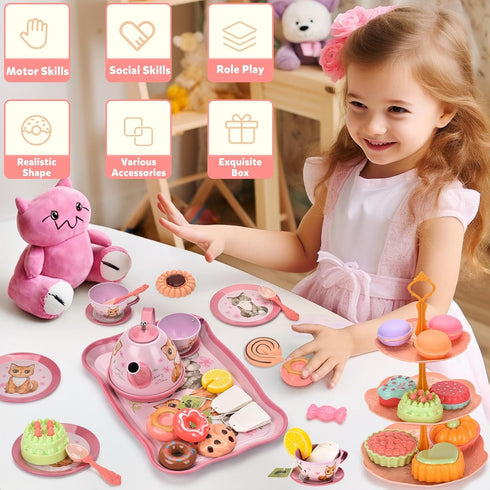 Set 3-6 Set, Lajeje Cat Tea Party for Toddlers & Little Girls Ages Pretend Play Toy & Birthday Gift, Includes Kitten
