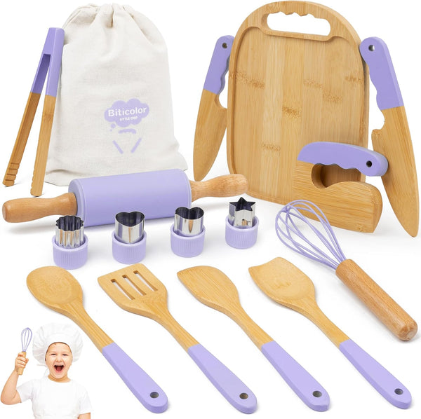 Biticolor Wooden Kids Cooking Set Montessori Kit - Real Toddler Kitchen Tools &