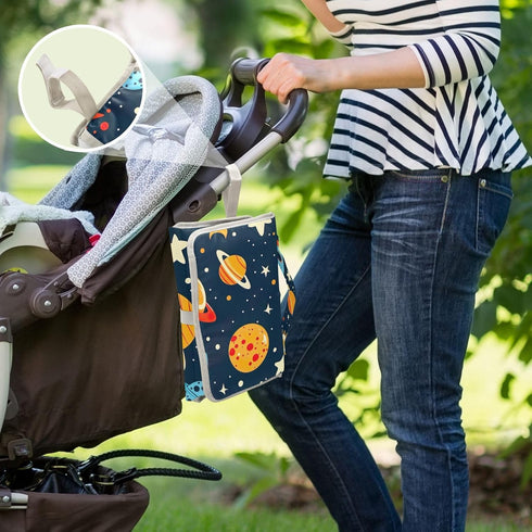 WELLDAY Space Theme Geometric Baby Changing Pad - Waterproof Diaper Changing Pad with Built-in Pillow - Portable Travel