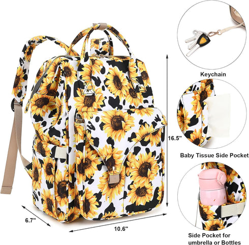 Mimfutu Backpack Cow Print Sunflower Diaper Bag for Baby Girls Boys, Large Capacity Multifunction Waterproof Maternity