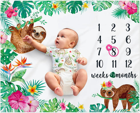 Watercolor Flowers Jungle Baby Sloth Monthly Milestone Blanket - Soft Fleece for Baby Girls, Newborn Gift Idea