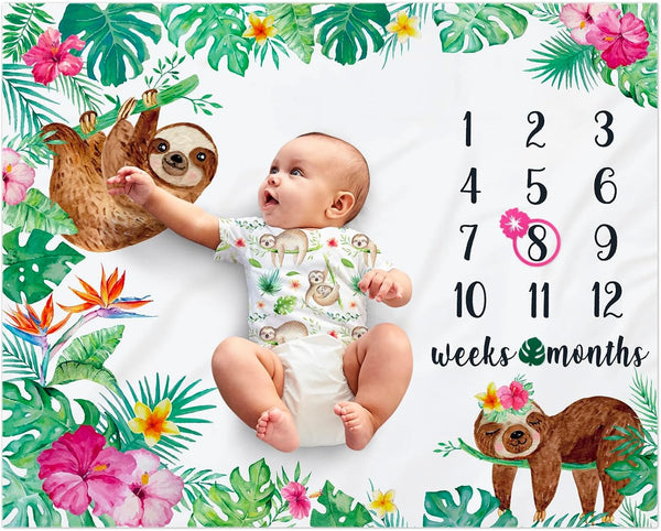 Watercolor Flowers Jungle Baby Sloth Monthly Milestone Blanket - Soft Fleece for Baby Girls, Newborn Gift Idea