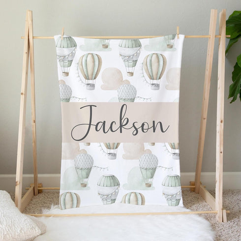 UnoCo Personalized Hot Air Balloon Baby Blanket, Hot Air Balloon Crib Bedding Boy, Baby Boy Blanket, Sage Green Nursery