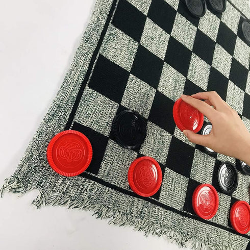 3 in 1 Giant Checkers Set and Tic Tac Toe Game with Reversible Rug, Indoor and Outdoor Family Board Game