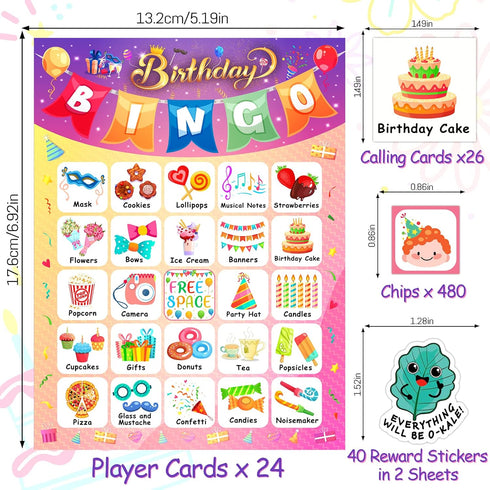 Happy Birthday Bingo Cards - 24 Players Birthday Party Game for Kids, Family Birthday Party Favor