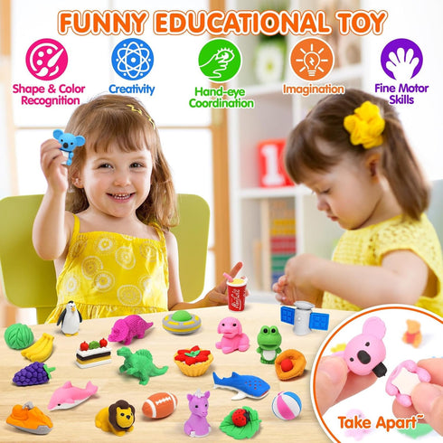 100 Pack Animal Erasers, 3D Puzzle Pencil Erasers for Kids, Bulk Treasure Box Toy for Classroom
