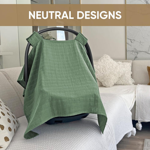 100% Organic Muslin Carseat Cover for Boys or Girls, Roman Green Baby Car Seat Cover