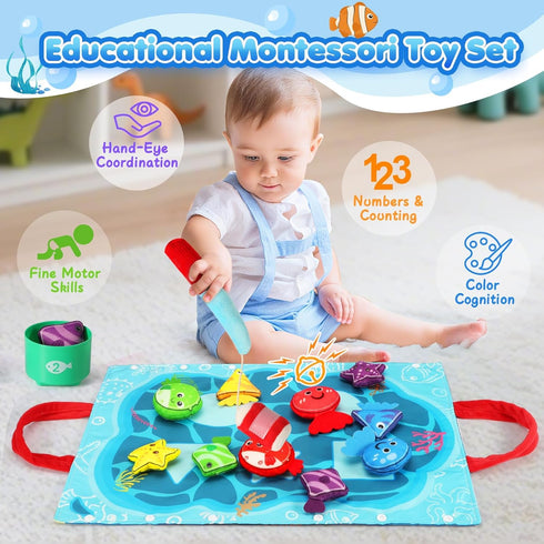 1 17 1 1 2 Montessori Toys for Year Old Boy Girl Birthday Gift, in Cloth Fishing Game with Stacking Cups, Color