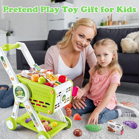 31PCS 3+ Supermarket Shopping Cart for Kids, Shopping Trolley Cart Toy with Play Food Shop Accessories, Pretend Play