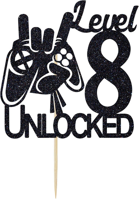 Video Game Level 8 Unlocked Birthday Cake Topper, Black Glitter Boys 8th Birthday Cake Decorations