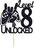 Video Game Level 8 Unlocked Birthday Cake Topper, Black Glitter Boys 8th Birthday Cake Decorations