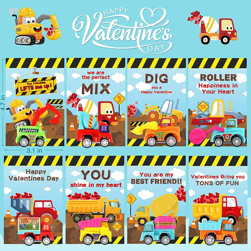 32 Pack Sets Valentines Day Gifts for Kids, Trucks Valentines Day Cards for Kids with Construction Vehicles Toys, Pull