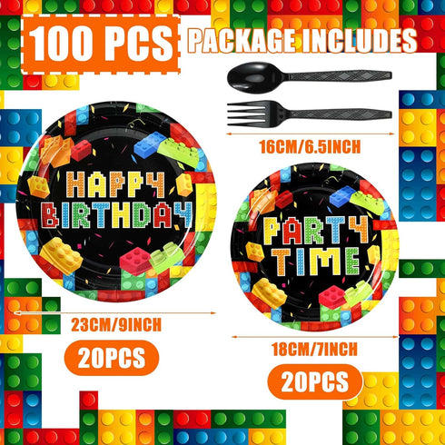 100 Pcs Building Block Party Supplies, Tableware Plates Napkins, Building Block Party Decoration for Birthday Party