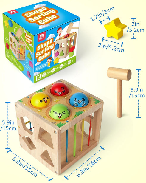 18 Coogam Wooden Montessori Toys for Toddlers, Shape Sorting Cube Fine Motor Skills Game for Year Old Month+ Baby Boys