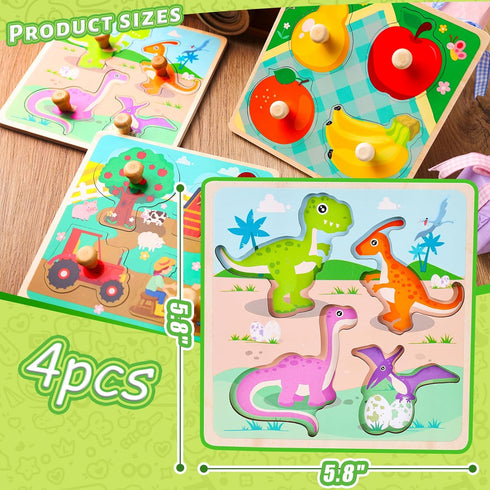 LovesTown 4PCS Wooden Peg Puzzles - Knob Puzzles with Handles for Toddlers Educational Montessori Learning