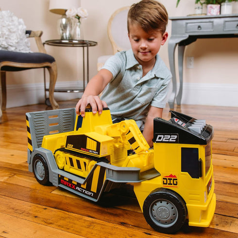 2-N-1 Sunny Days Entertainment Maxx Action Mega Mover Construction Truck and Trailer with Lights, Sounds and Motorized