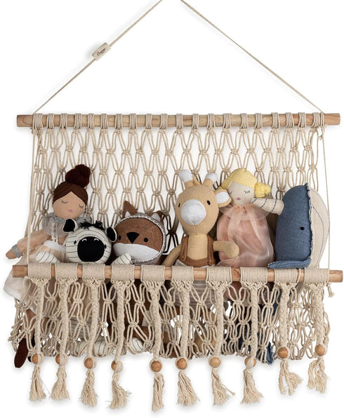 Crane Baby Macrame Hanging Storage Bin for Nursery, Boho Baby Decor, Baby