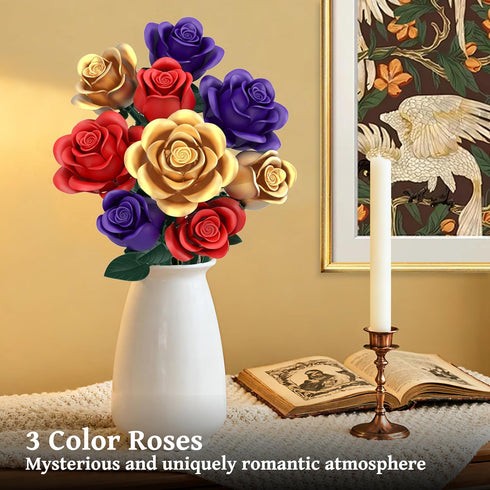 QIFUN Set, 501Pcs Rose Bouquet Flowers Building Red Purple Golden Roses Artificial Flowers Botanical Collection