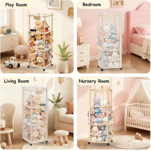 56" yofit Stuffed Animal Storage Organizer with Wheels, Plush Storage Wooden ZOO with Removable Dust-Proof Cover