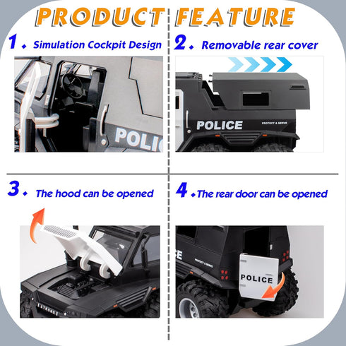 Police Car Toy, 8x8 Friction Powered with Light, Sounds, Openable Doors, Military Policeman & Dog for Boys 3-8