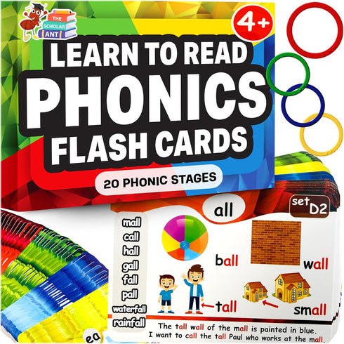 Phonics Flash Cards, Learn to Read in 20 Phonic Stages, Educational Games for Kids Ages 4-8, Kindergarten