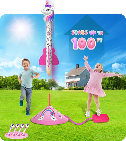 beefunni Unicorn Rocket Launcher for Girls, 4 Unicorn Outdoor Toys for Kids, Christmas Birthday Unicorn Gifts for Girls Ages 2 3 4 5 6 7 8 Years Old, Fun Unicorn Toys for Kids Ages 2-4-6 Years Old