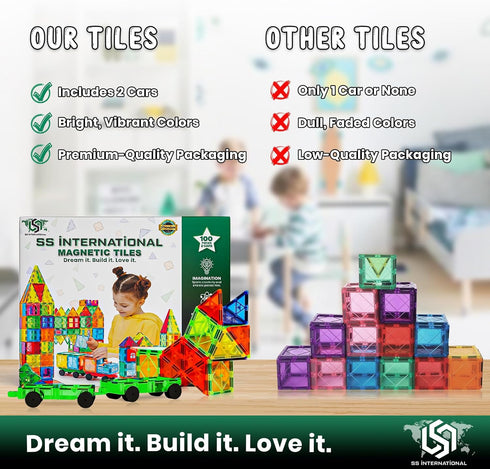 100 Set 2 4-8, Magnetic Tiles Piece with Cars, Magnetic Blocks & Magnet Tiles for Kids Ages Magnetic Building Blocks