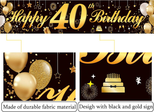 Happy 50th Birthday Banner - Durable Black & Gold Glitter Birthday Sign for Men Women 50th Birthday Party