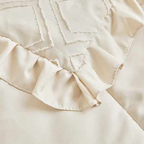 Set 3 Tufted Ruffle Crib Bedding Pieces Baby Boho Quilted Comforter with Fitted Sheet and Bed Skirt - Cute Ruffled