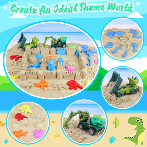 36Pcs 2 Ages3-12 Beach Toys, Dinosaur Sand Toys for Kids Toddlers, Sandbox Toys with Truck, Collapsible Beach Bucket