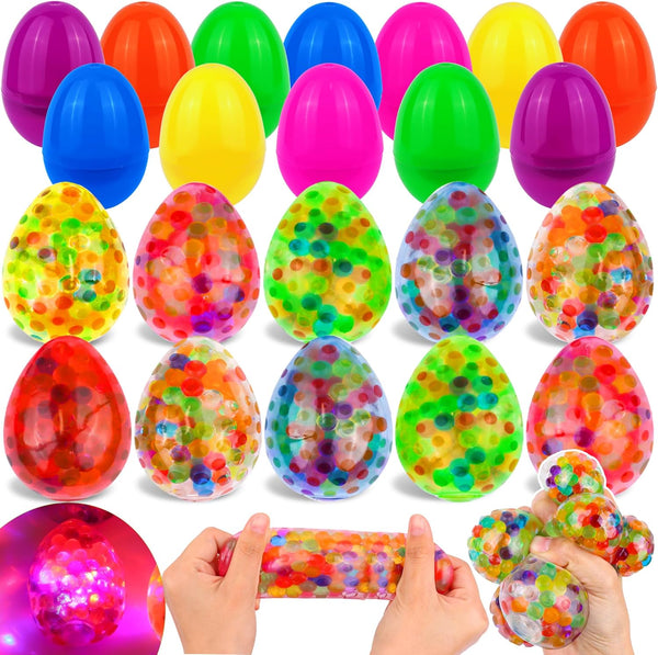FLYSNK 18 Pack Plastic Easter Eggs Filled with Light Up Fidget Stress Balls,