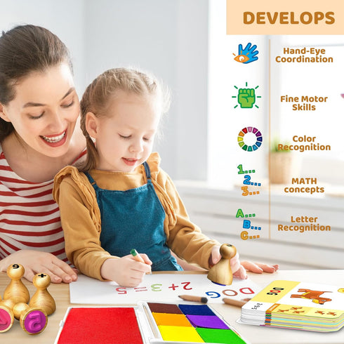Set 7-Color 123s 3+ UdoUto Wooden Alphabet & Number Stampers with Ink Pad | ABCs Learning Stamps & Flashcards |