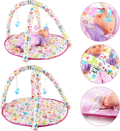 Set deAO Kids Baby Doll Stroller Nursery Role Play with a Variety of Feeding Toy and Play Mat Travel Cot Baby Carrier