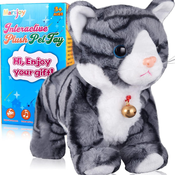 Marsjoy Pattern Gray Robot Cat Plush Cat Stuffed Animal Interactive Cat, Meow Kitten