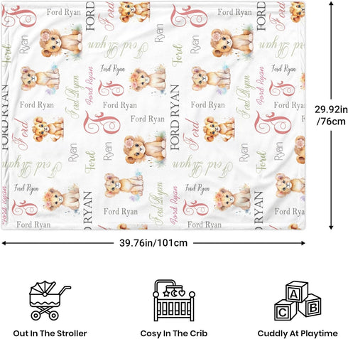 Novusopt Monogrammed Personalized Baby Lion Custom Blanket with Floral Design Receiving Blanket for Newborn Girls