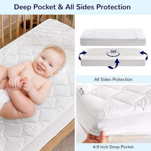 1 Pack, 52''x28'', SLEEP ZONE Waterproof Crib Mattress Protector Elastic Fitted Twin Mattress Pad Ultra Soft