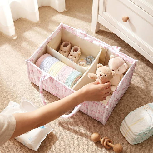 Shinylin Diaper Caddy Organizer with Pink Bow Portable Nursery Storage Basket with Handles and Removable Dividers Cute