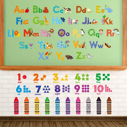 DS-8044 DECOWALL Animal Alphabet Numbers Colour Decals Stickers Kids Peel and Stick Removable for Room dcor Letters ABC