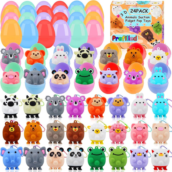 24 Pack Prefilled Easter Eggs with Animal Pop Toys, Filled Easter Eggs