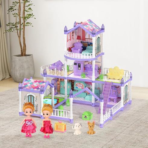 randhar 9 2 3+ Lilac Purple Doll House for Girls, Dream Dollhouse Rooms with Dolls, Animals, Lights, Furniture