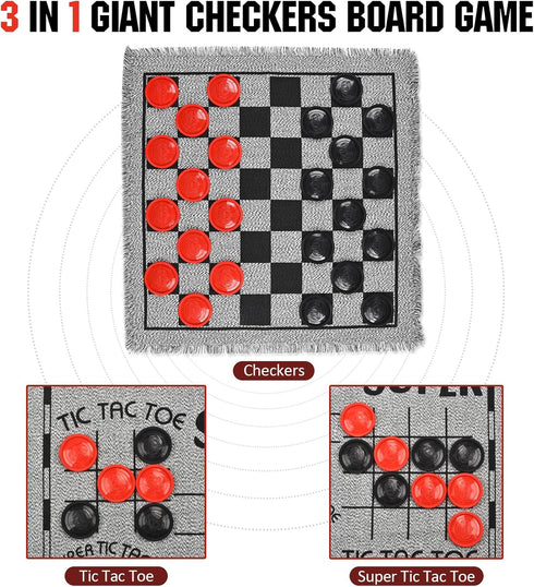 Giant Checkers Board Game Set - 3 in 1 Jumbo Tic Tac Toe Game for Kids & Adults, Indoor Outdoor Fun