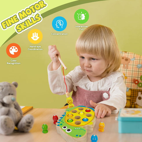 JooKiddie 3-5, Wooden Magnetic Fishing Game, Dinosaur Magnetic Fishing Toy for Kids Montessori Preschool Education