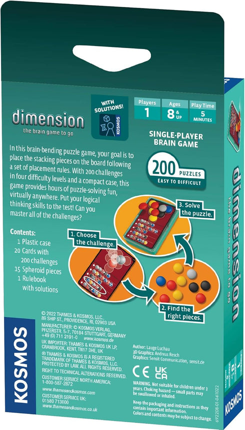 Dimension: The Brain Game to Go | Brainteasers |Puzzles| Solo Games | 1 Player | Dimension | Stacking Game | Kosmos Game