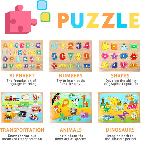 WOOD CITY Toddler Puzzles and Rack Set, Wooden Peg Puzzles Bundle with Storage Holder for Kids Age 2-4