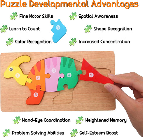 MONTESSORI MAMA Toddler Puzzles - 5-Pack Dinosaur Puzzle for Kids Ages 3-5, Wooden Montessori Toys for 3 Year Olds