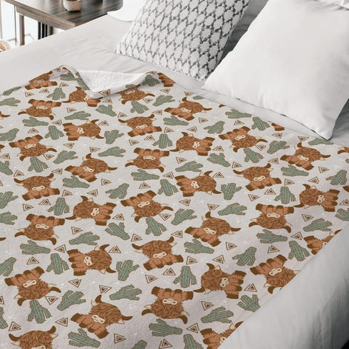 Highland Cow Boho Cactus Baby Blanket, Boys Cow Lover Gift, Western Cowboy Desert Plant Flannel Fleece Nursery Bed